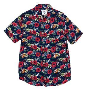 Urban Shores Button Down Mens Medium Navy Blue Tropical Hibiscus Floral Camp